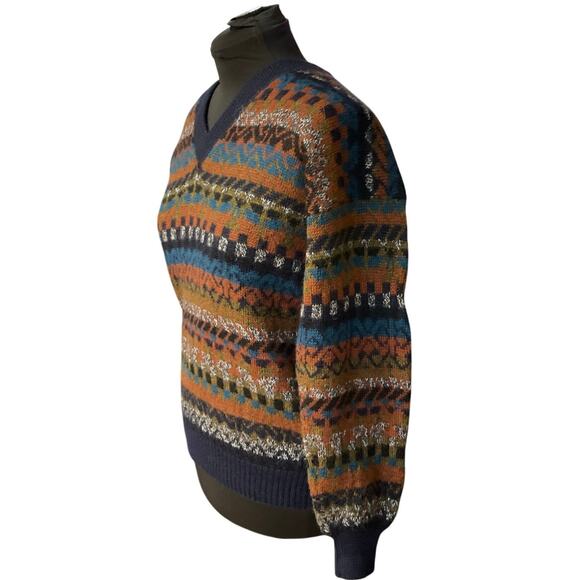 Peruvian Blue Aplaca Fair Isle V-neck Sweater Size M - Picture 2 of 8